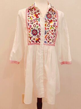 Sandy Starkman Tunic Top Shirt Women Medium Embroidered Colorful Peasant Pleated